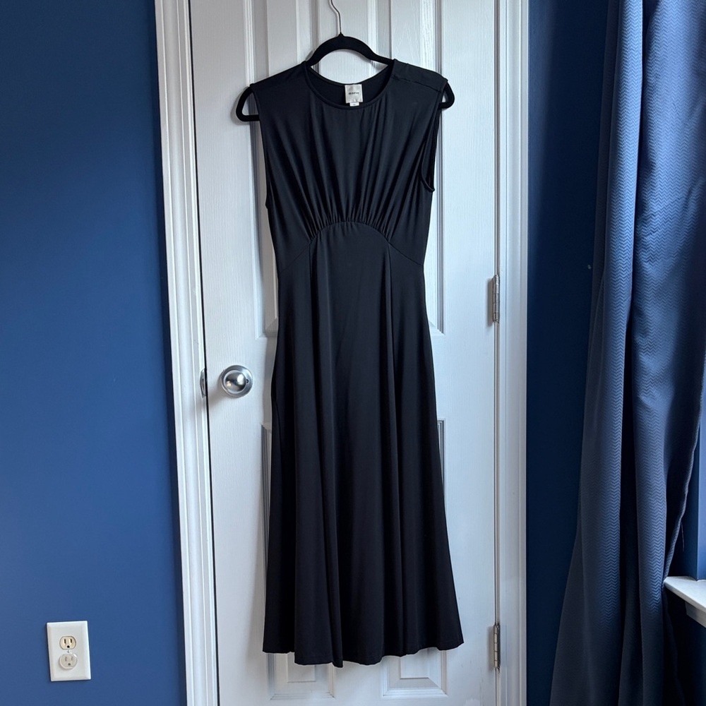 Maeve Women's XS Black Sleeveless Ruched Babydoll Midi Dress Pockets Feminine - Picture 3 of 10